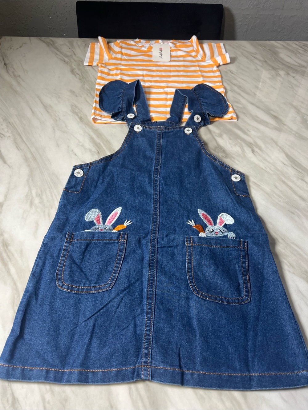 PatPat Blue Denim Overall Dress with Bunny Pocket Embroidery
